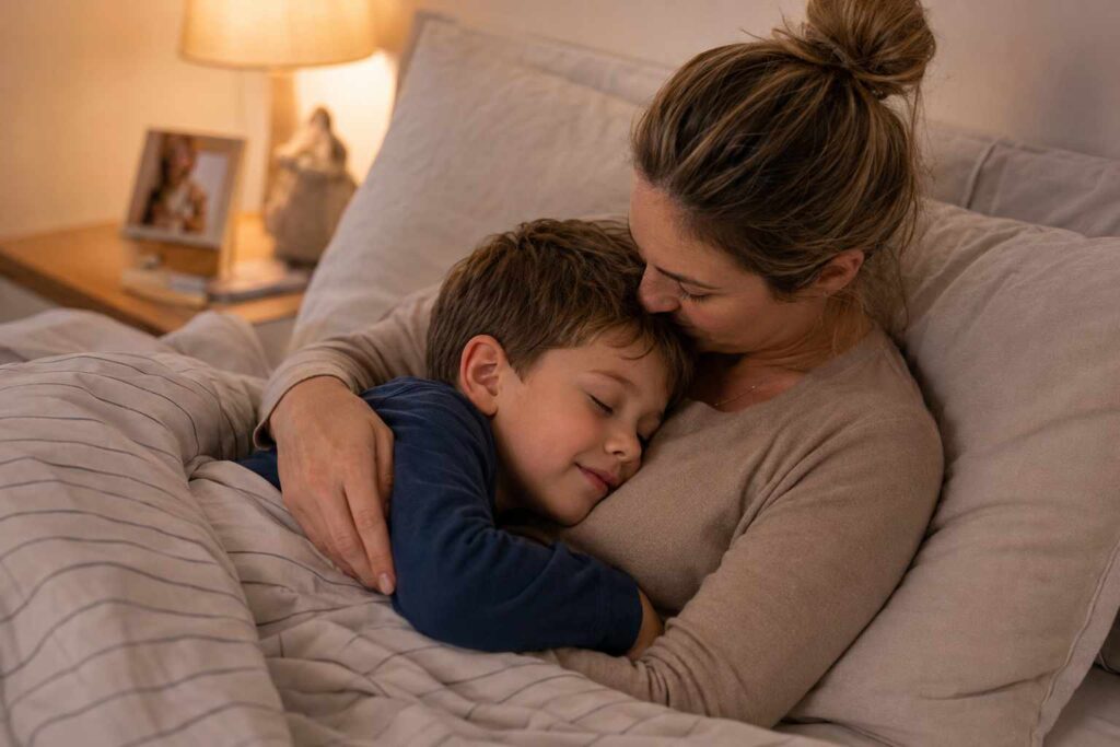 Mama kuschelt mit Sohn